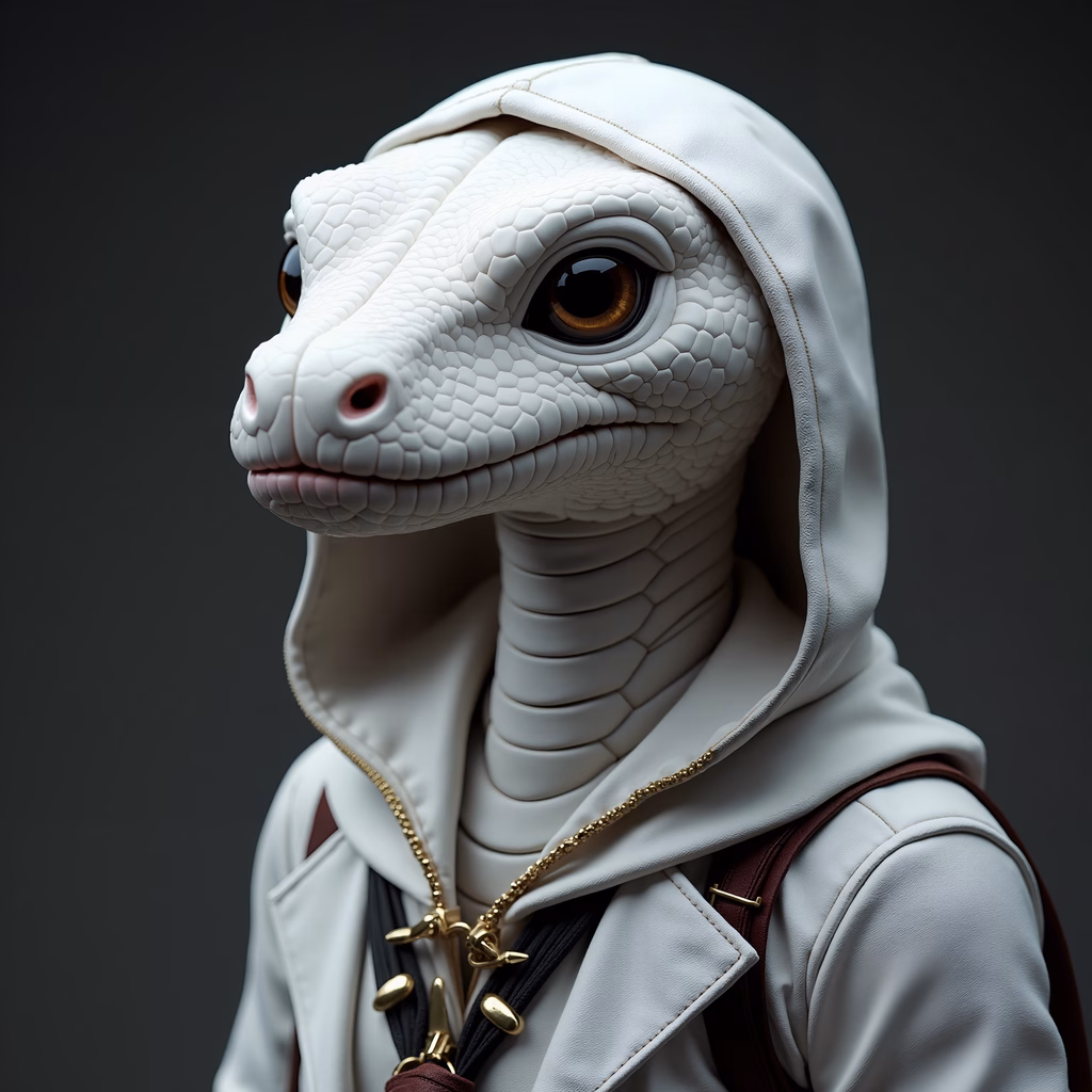 Futuristic reptilian character in a stylish hoodie, blending sci-fi and natural textures.