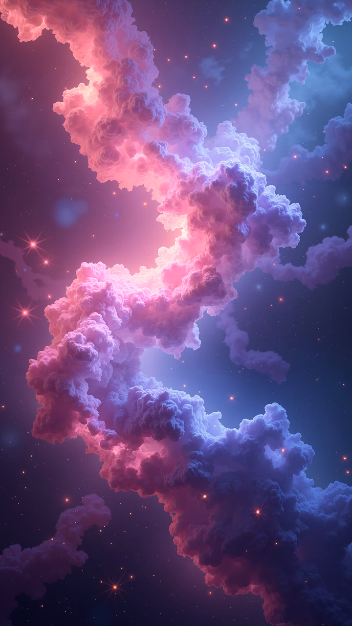 Voluminous clouds in pink and purple hues against a starry night sky.
