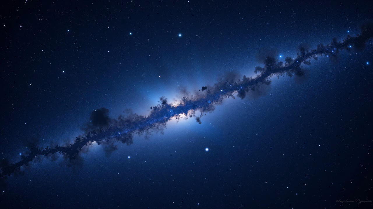 A stunning digital illustration of a galaxy with intricate fractal patterns and a star-studded background.