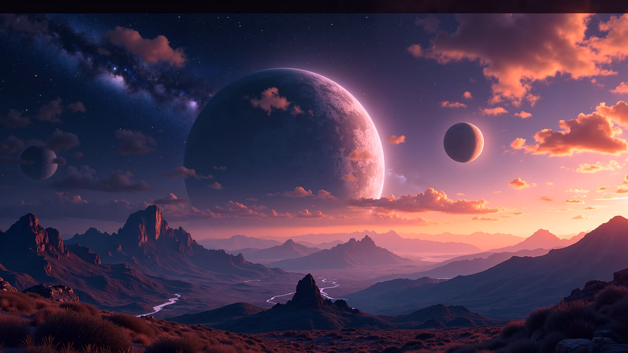 Mystical celestial landscape with two large planets and dramatic mountainous terrain.