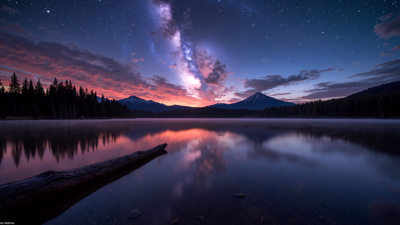 A tranquil night scene with reflections of pink clouds and the Milky Way over a calm lake.