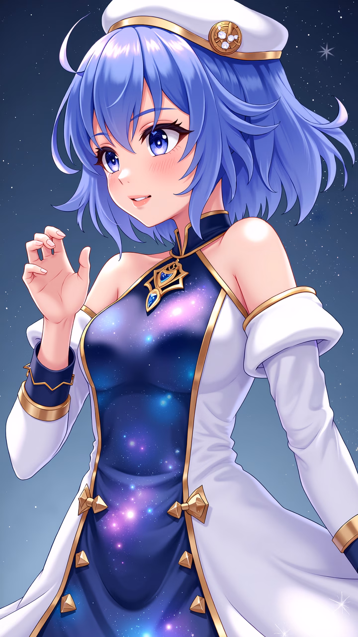 A charming anime sailor girl in a galaxy-themed uniform, set against a starlit backdrop.