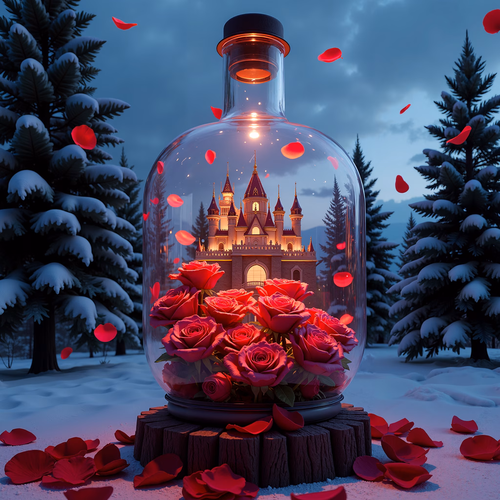 A glowing castle within a glass dome amidst a snowy landscape, surrounded by red roses.