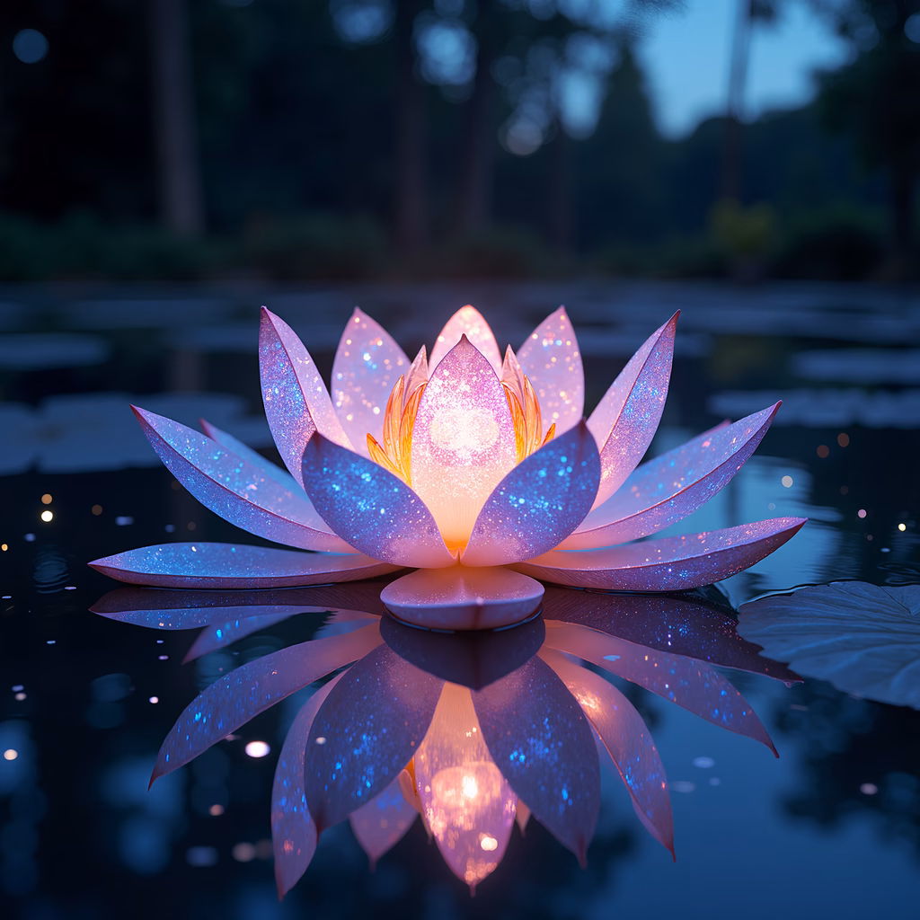 Iridescent lotus glowing in a tranquil nighttime pond