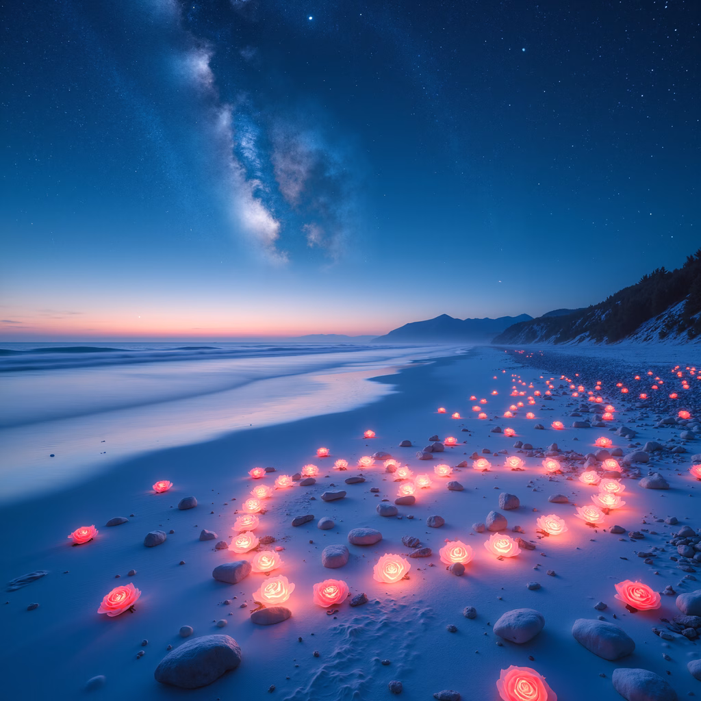 Glowing roses illuminate a peaceful beach under a starry sky.