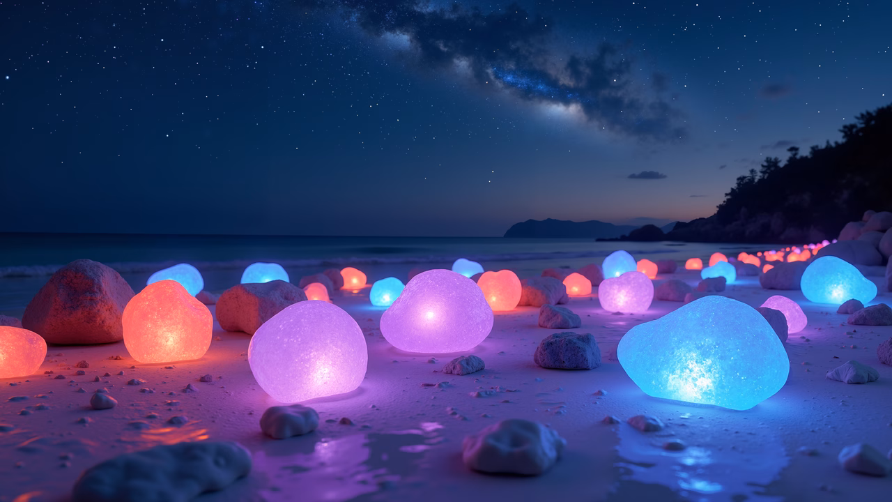 Enchanting night scene with glowing stones on the beach