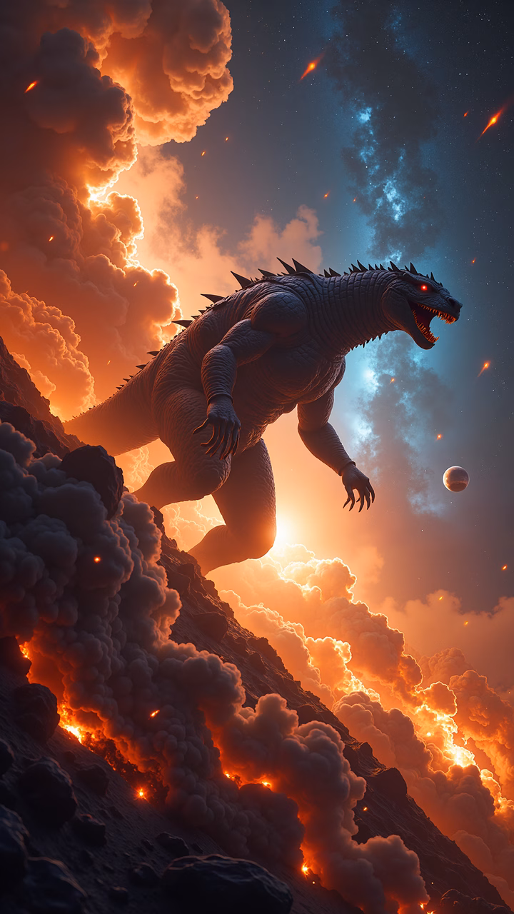 Godzilla rising from a fiery landscape, creating a sense of impending chaos.