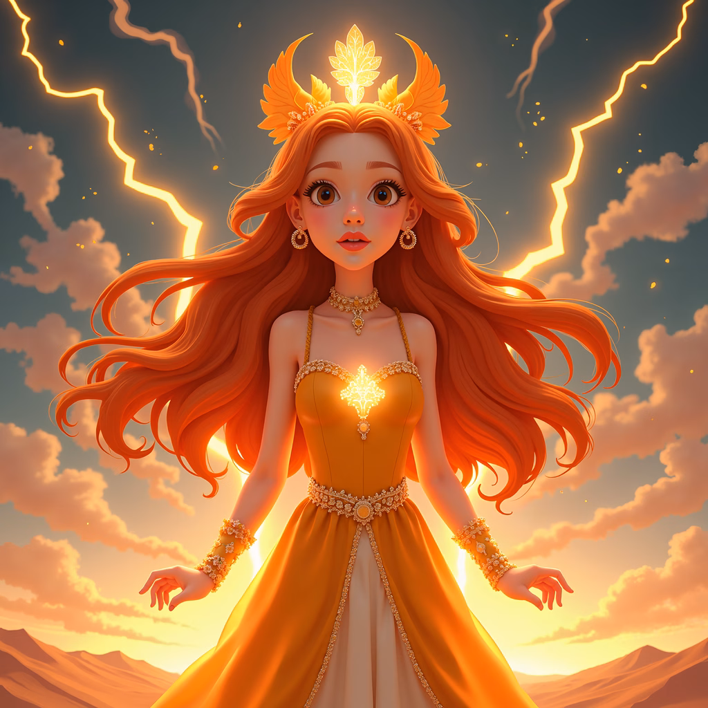 Golden Goddess amidst a stormy sky, radiating power and mystique.