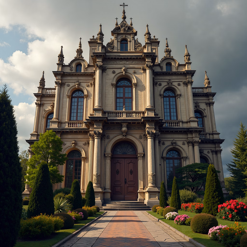 Elegant Baroque mansion with intricate architecture and lush gardens under soft sunlight.