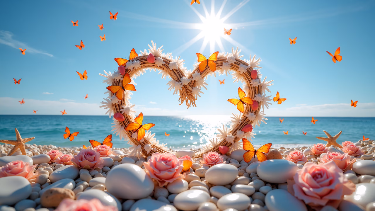 Romantic heart made of seashells on a sunny beach with butterflies and roses.