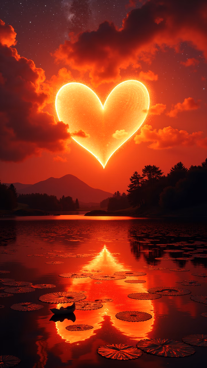 A glowing heart hovers over a calm lake, reflecting its light in a romantic setting.