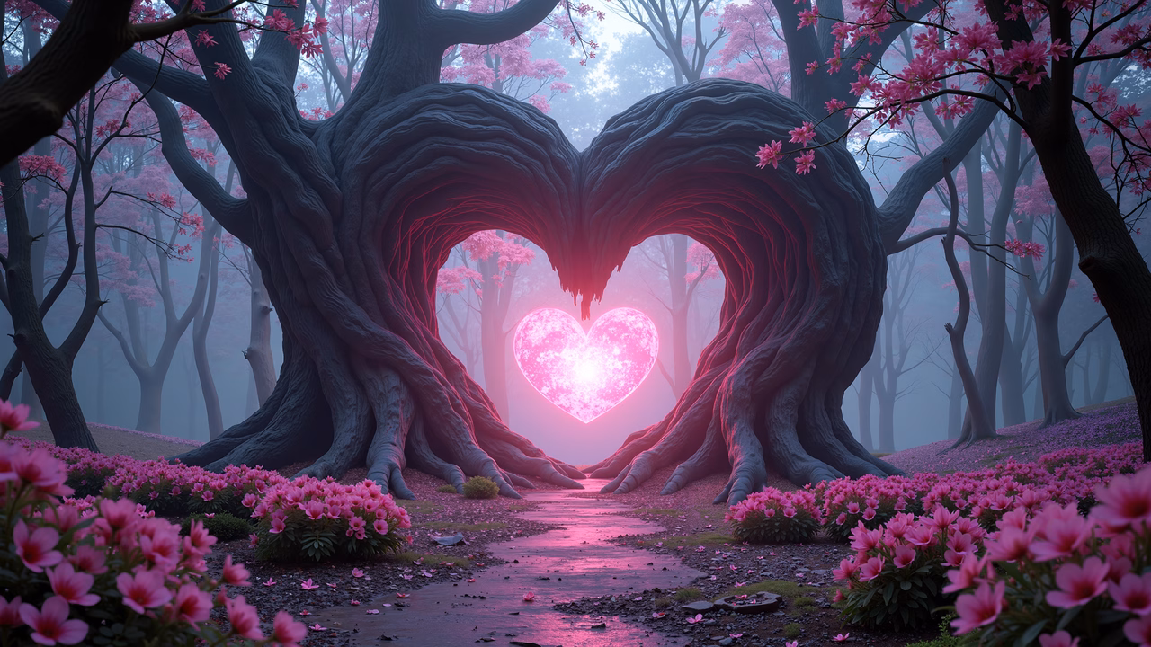 Enchanted heart tree in a mystical pink forest.