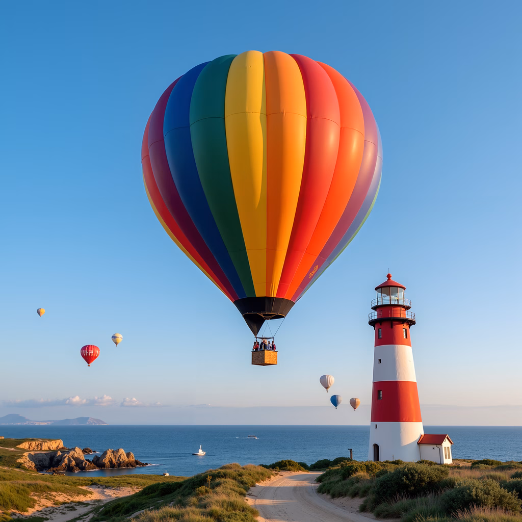 A colorful hot air balloon floats above a picturesque coastal lighthouse at sunset.