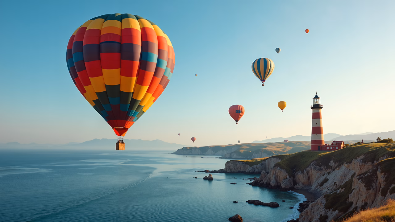 Hot air balloons over scenic coastal cliffs under a warm sunset sky.