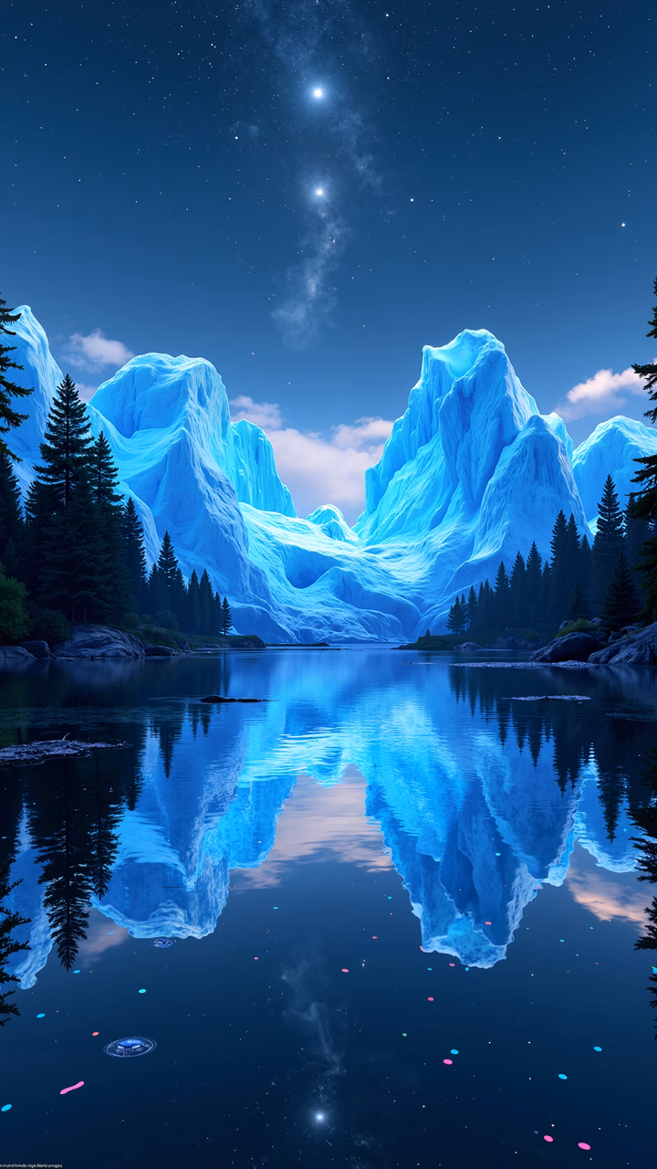 A tranquil night scene with icy reflections and starry skies.