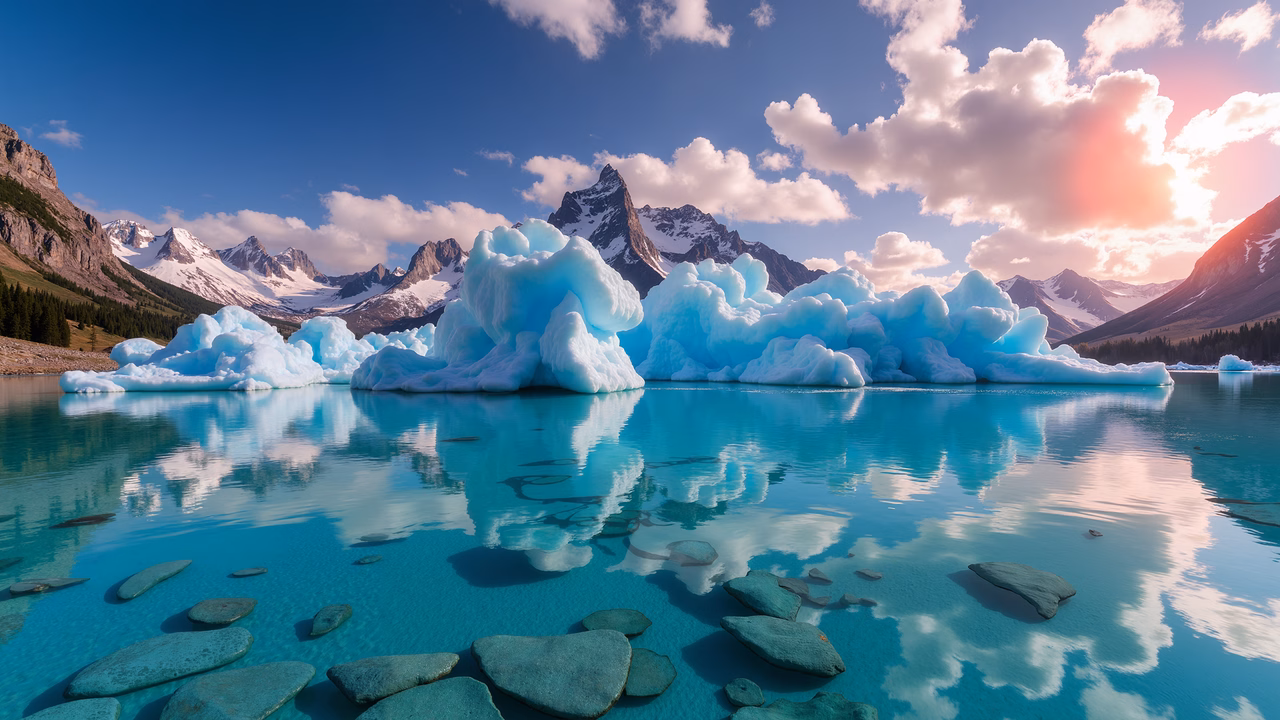Glacial lake with icy formations and mountainous backdrop at sunset.