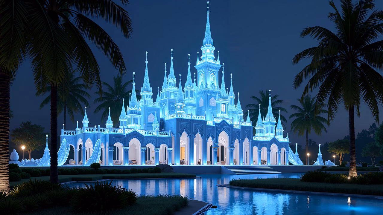 Ethereal blue illuminated castle in a fantasy setting.