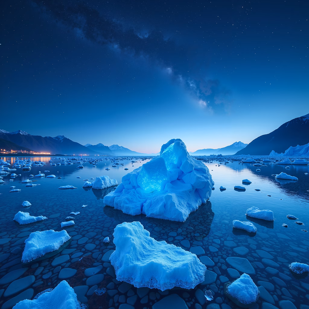 Glowing iceberg amidst starlit night, serene landscape