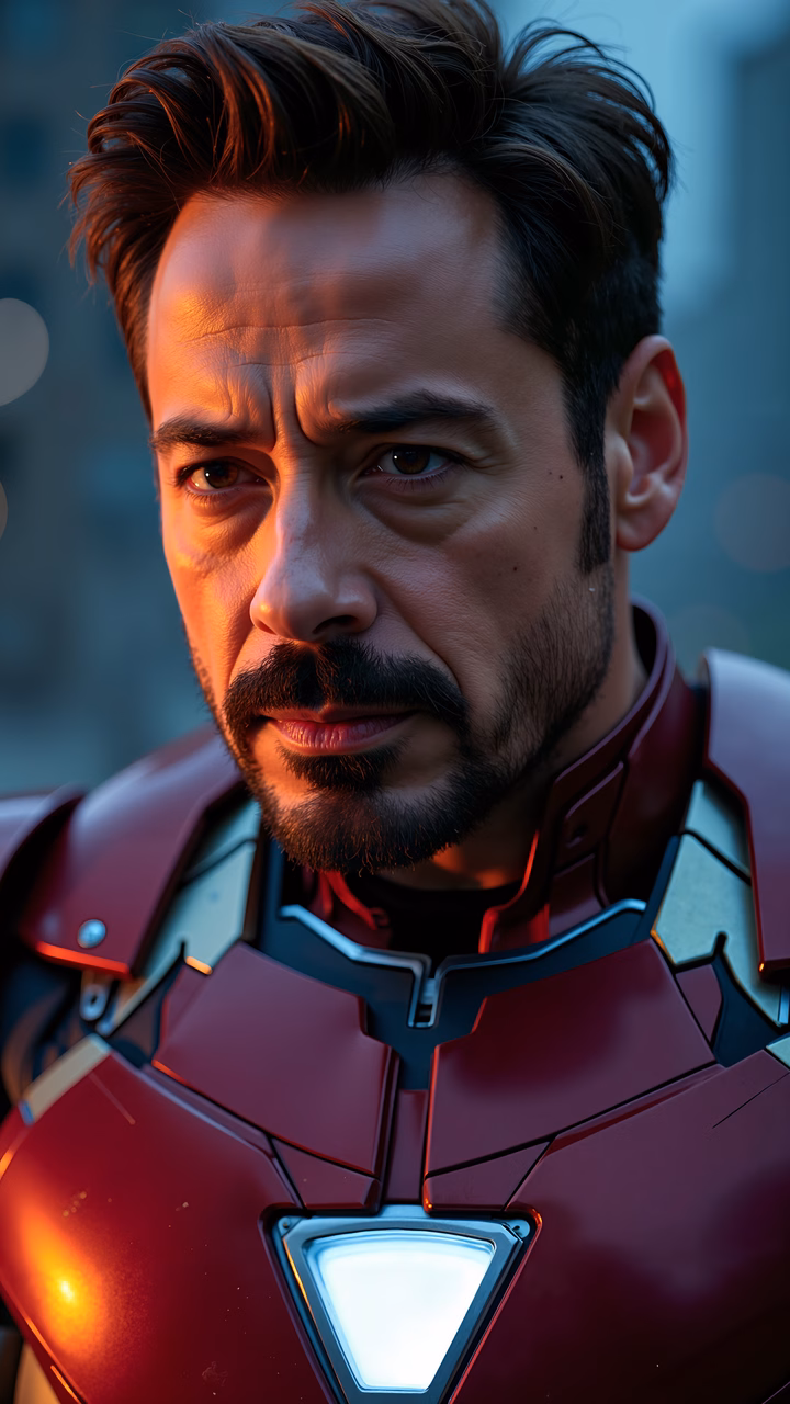 Close-up portrait of Iron Man in his iconic suit, highlighting his heroic demeanor.