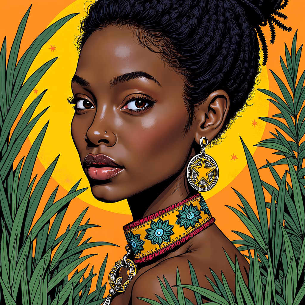 Vibrant illustration of a woman with intricate jewelry and lush greenery against an orange sky.