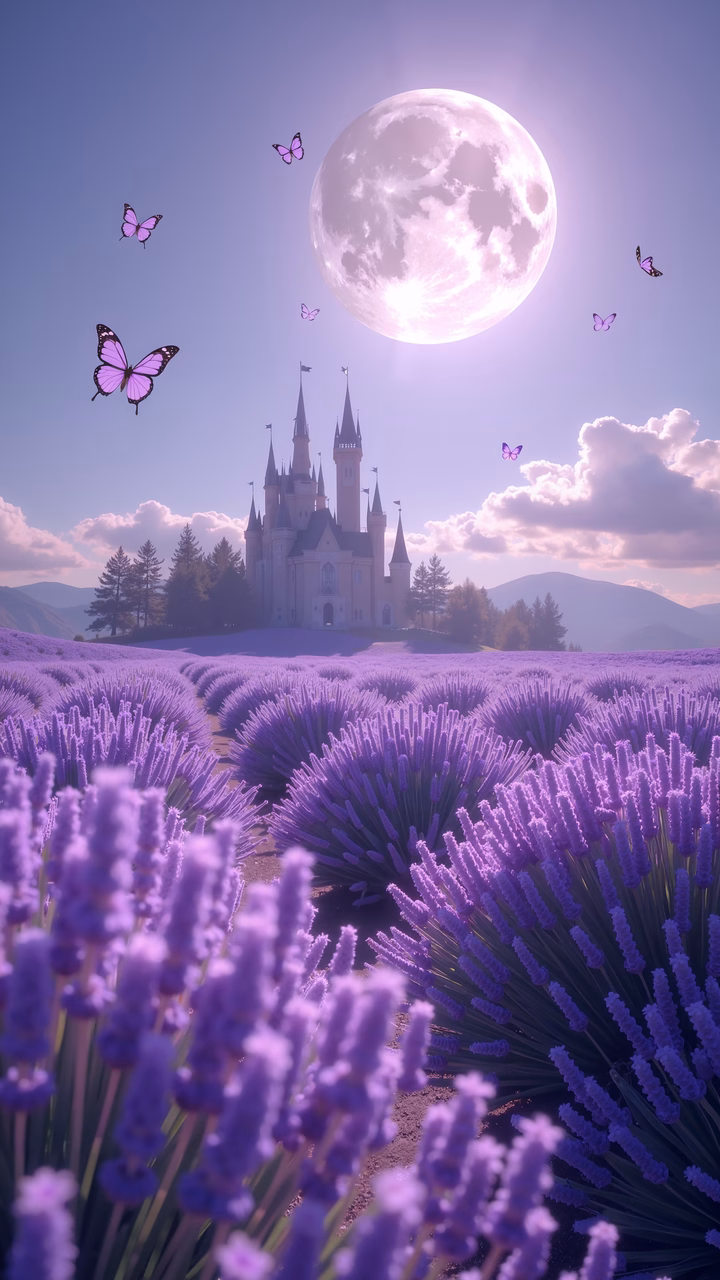 A magical lavender field under a full moon, featuring a castle and butterflies.