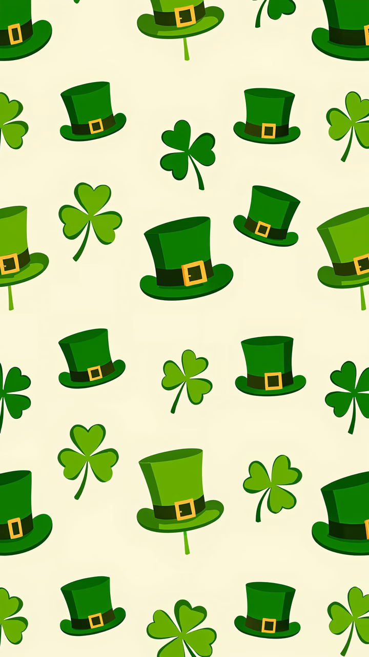 Repeating pattern of leprechaun hats and shamrocks on a beige background, perfect for St. Patrick's Day celebrations.