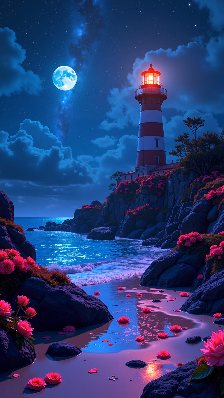 A lighthouse bathed in moonlight, surrounded by pink flowers and a calm ocean under a starlit sky.