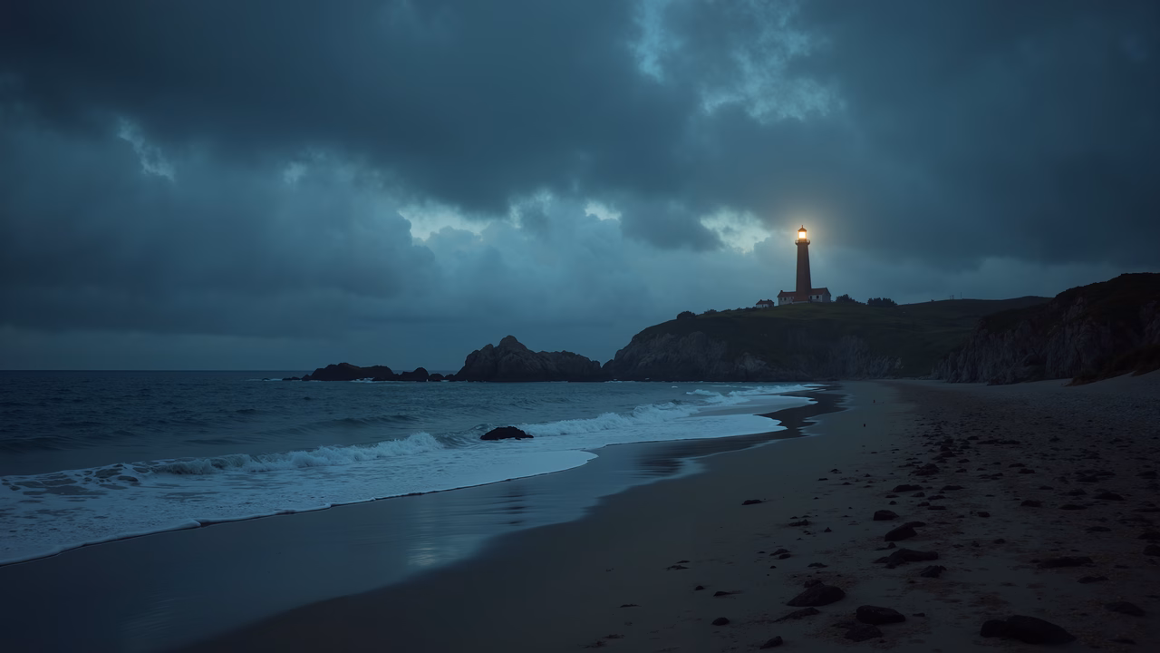 Dramatic lighthouse scene with cool blues and warm yellows, evoking mystery and tranquility.