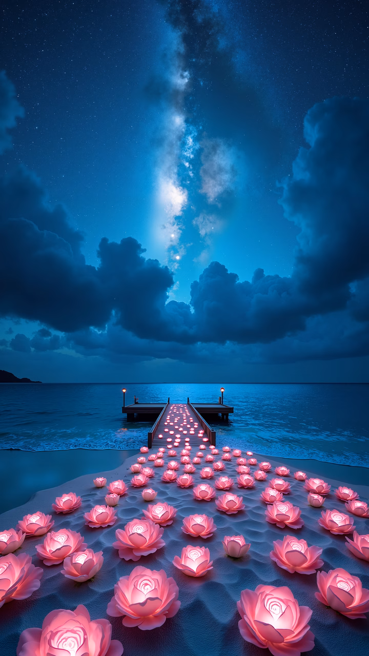 Glowing pink rose lanterns guide a path towards a peaceful pier under a starlit sky.
