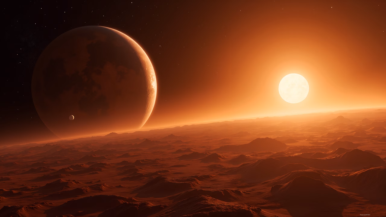 A tranquil Martian sunset with a large planet in the background.