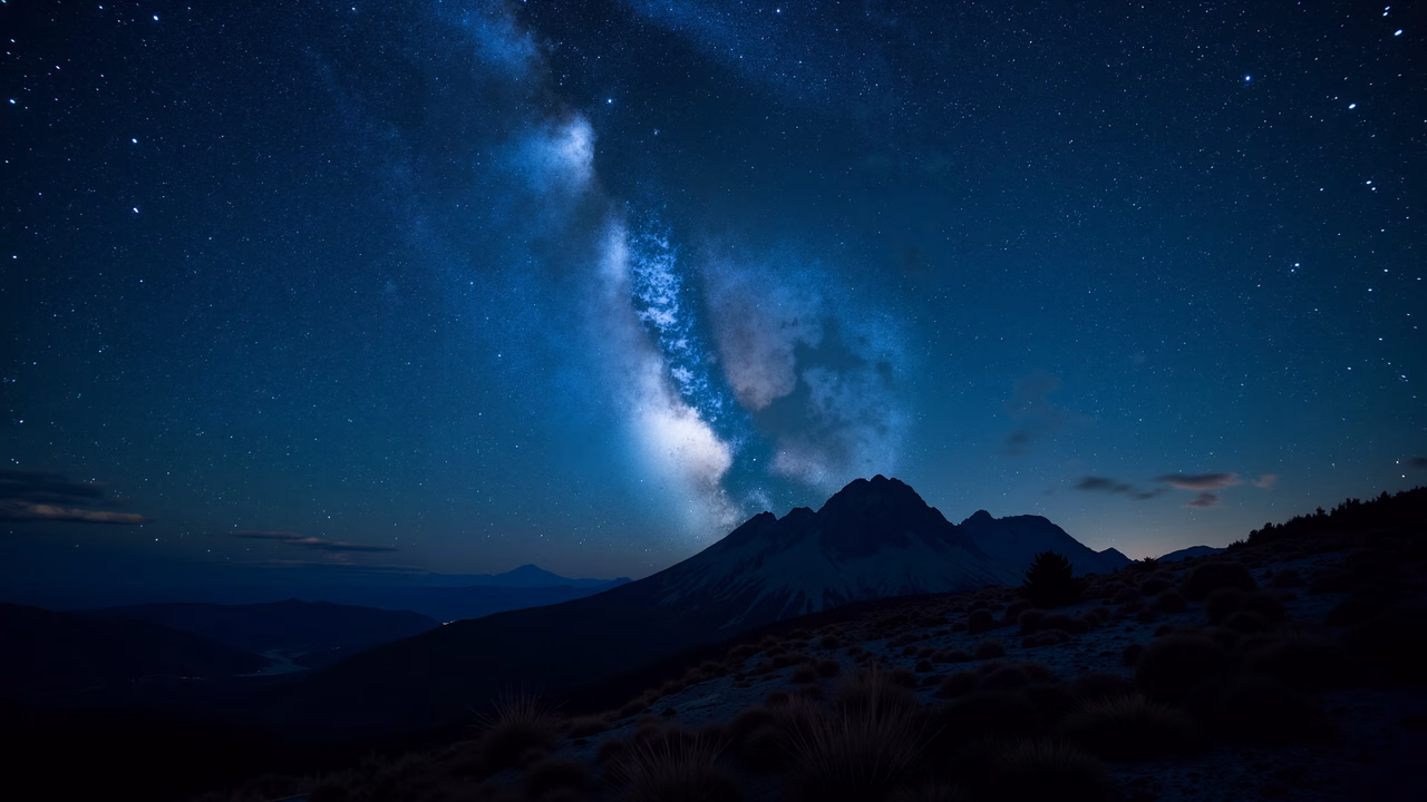 Stunning night sky with the Milky Way over mountainous terrain, evoking a sense of wonder and tranquility.