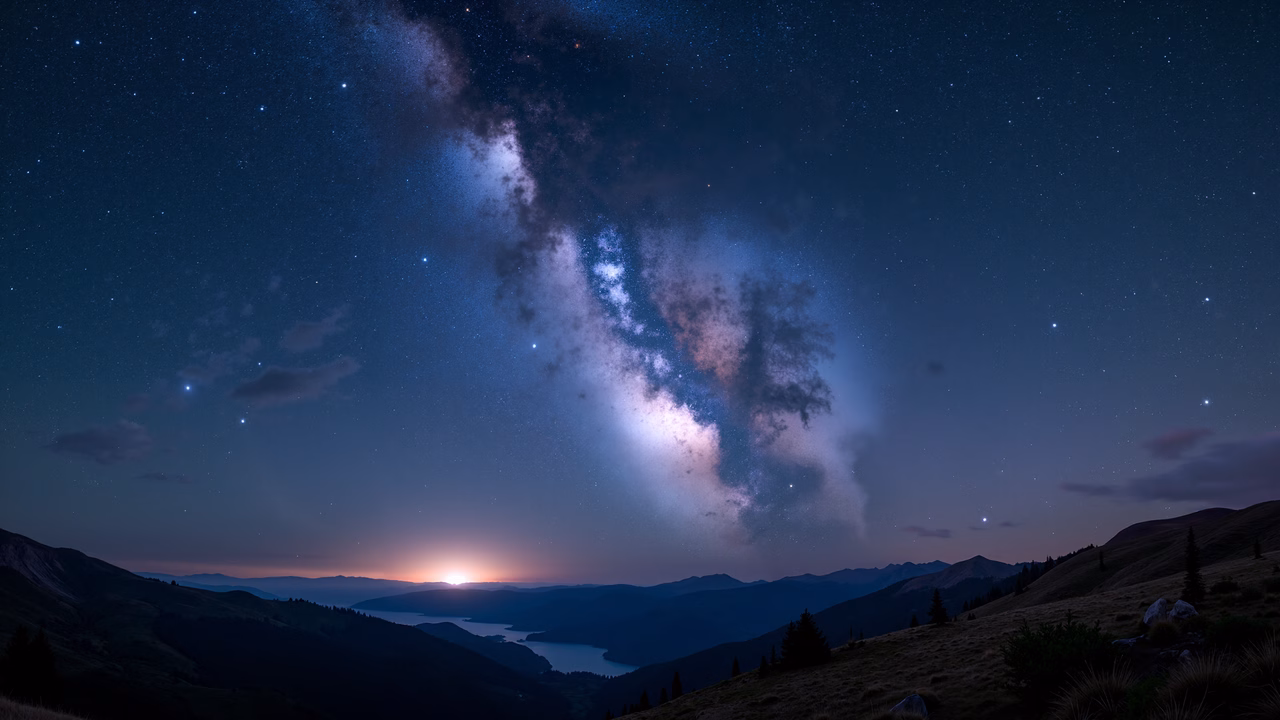 Stellar Milky Way over tranquil mountains at dusk
