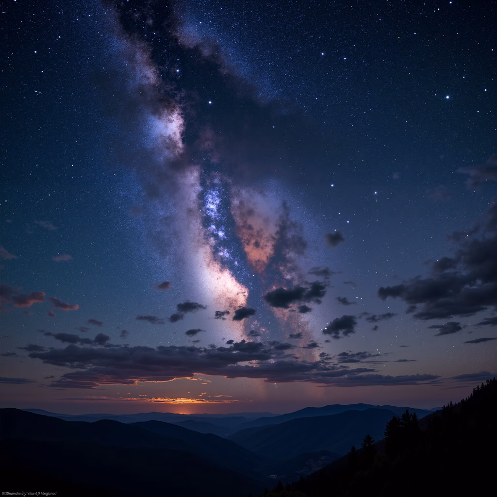 A breathtaking view of the Milky Way over tranquil mountains at sunset.