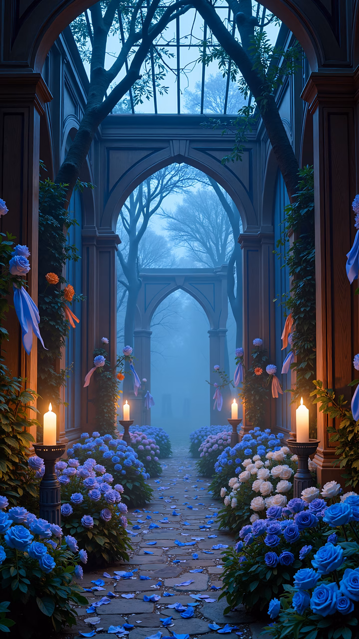 Enchanting garden archway with misty sky and soft candles, featuring blue and white roses and pink ribbons.