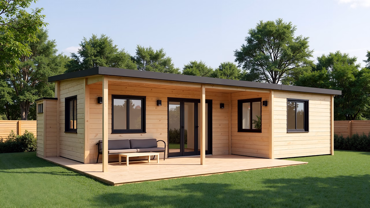 A modern wooden cabin with a spacious deck and comfortable seating, surrounded by lush greenery.