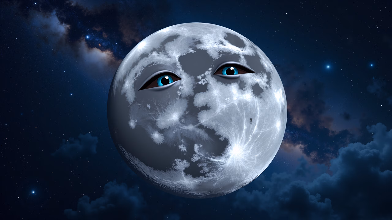 Whimsical moon face with glowing eyes against a starlit sky.