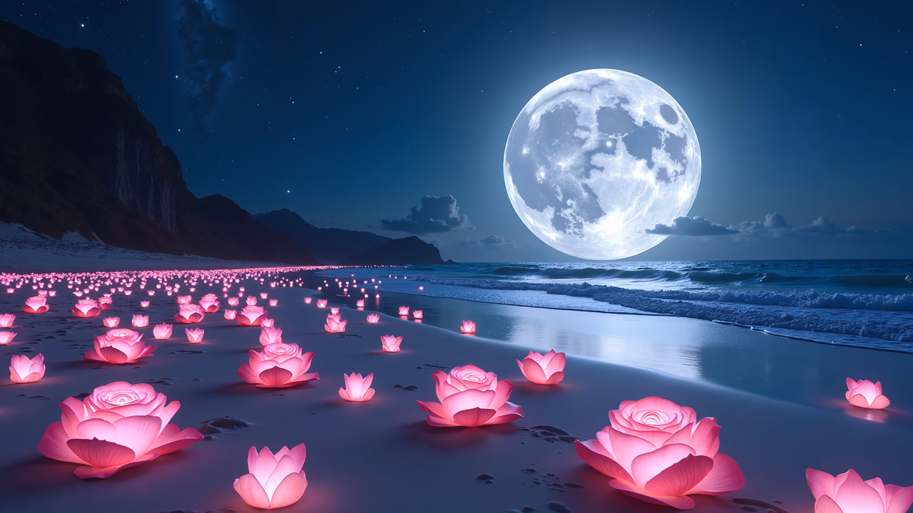 Romantic moonlit beach with glowing pink roses illuminating the sand.