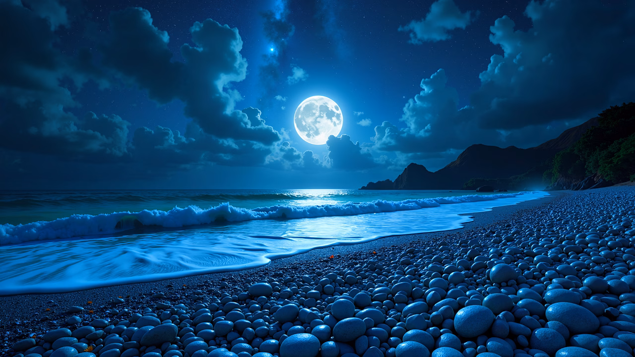 A tranquil moonlit beach scene with gentle waves and pebbles under a starry sky.