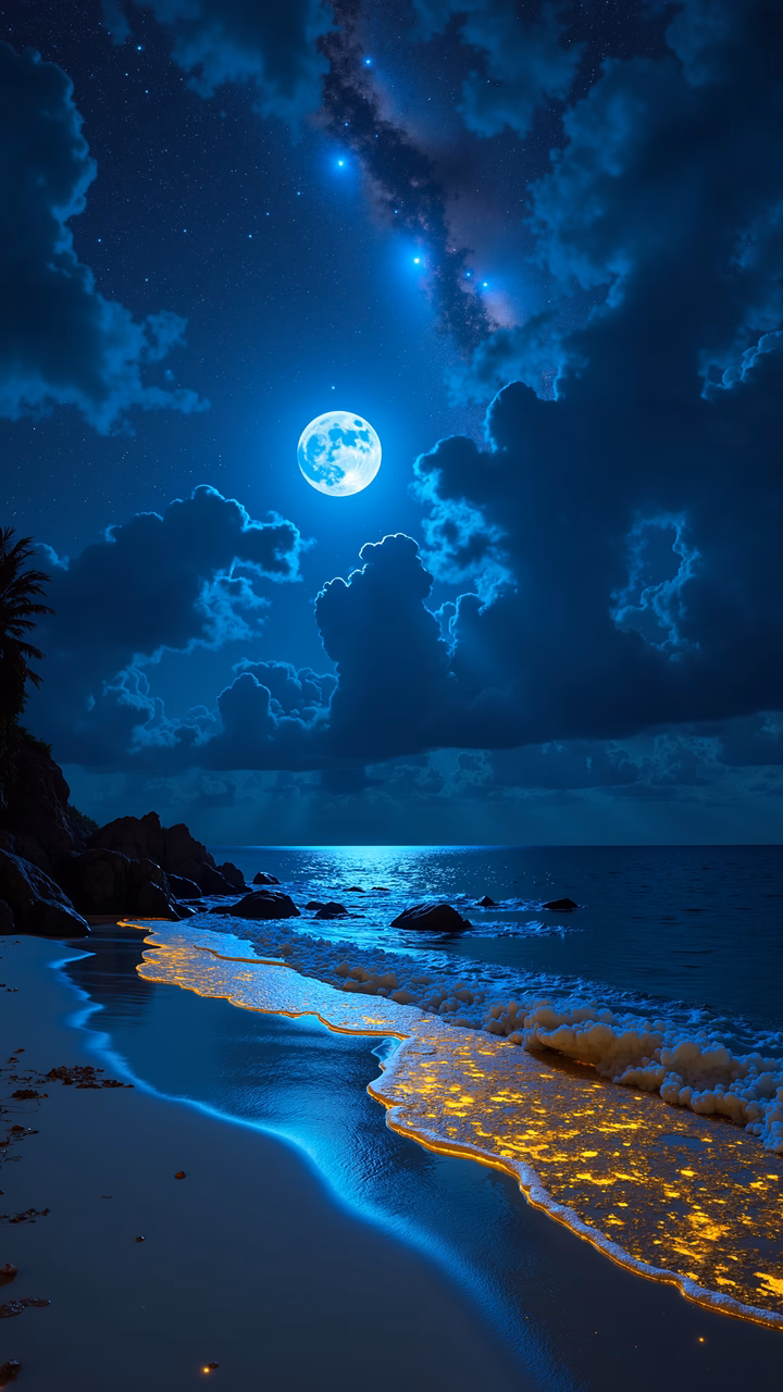 A mesmerizing night view of a glowing moonlit beach.