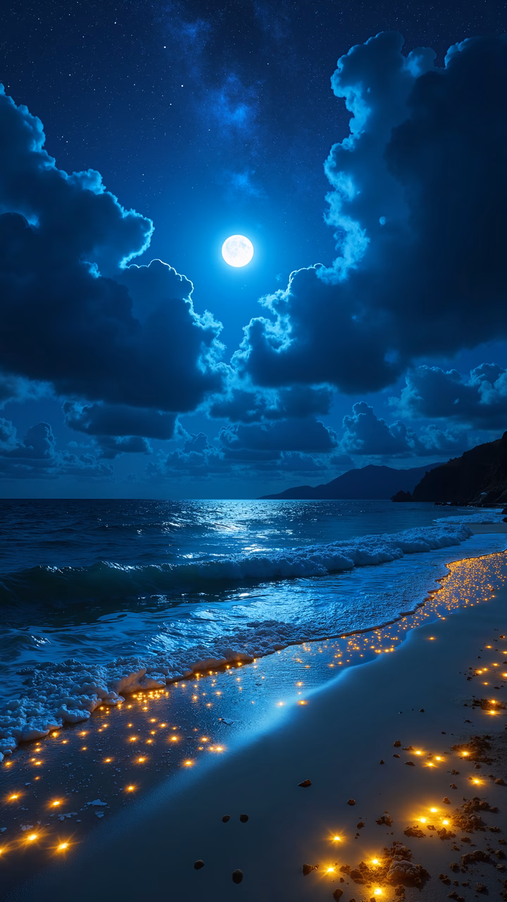 Moonlit beach with glowing lights and calm waters under a starry sky.