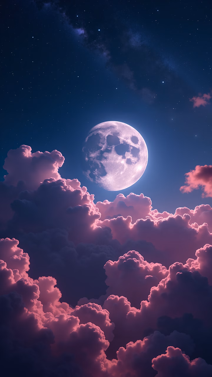 A full moon illuminates a sky filled with dreamy pink clouds, creating a tranquil and magical night scene.