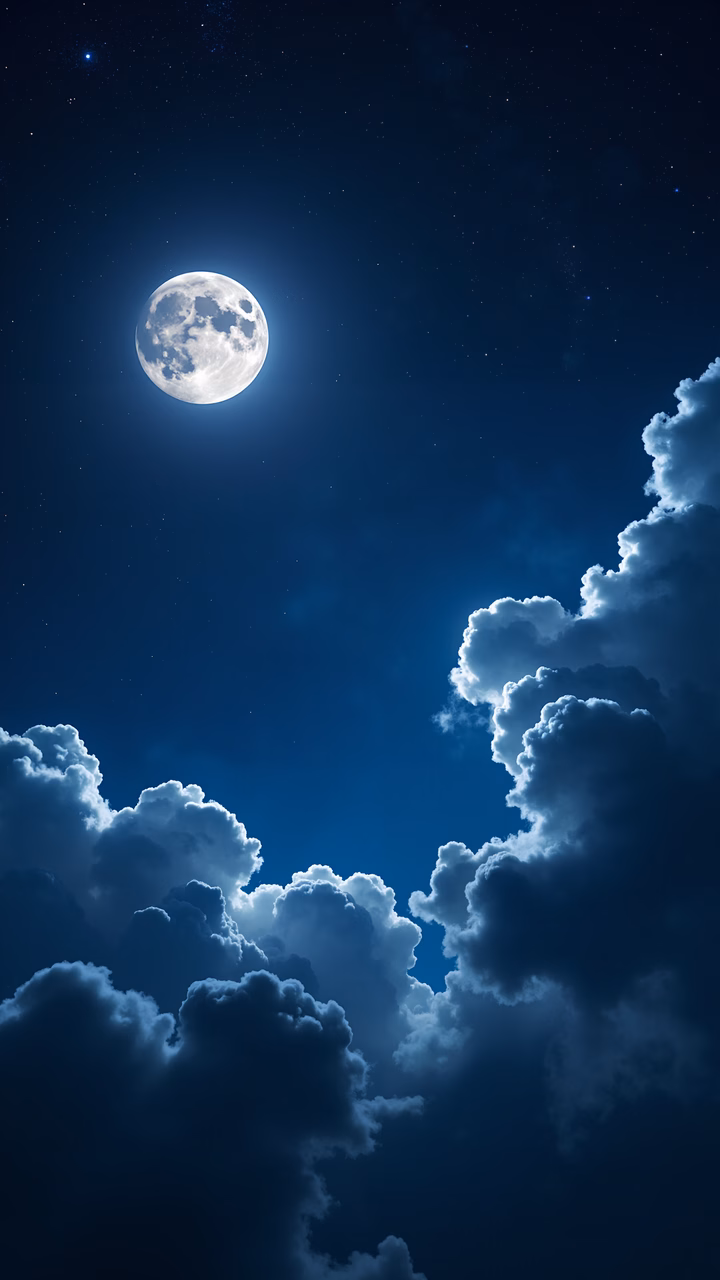 A peaceful night sky with a full moon and fluffy clouds.