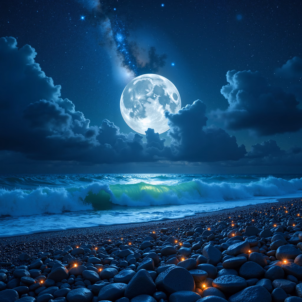 Full moon illuminates a calm ocean and pebble beach under a starry night sky.