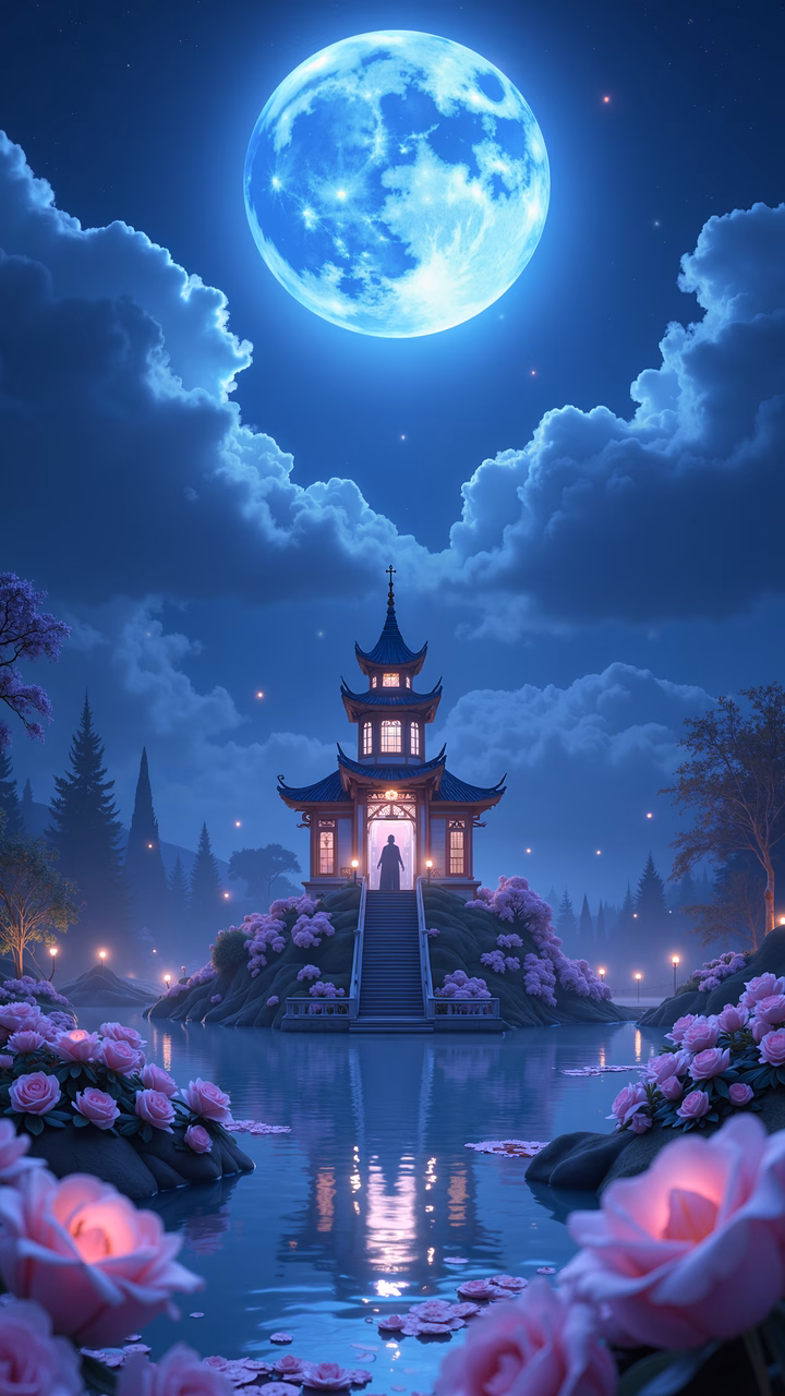 A mystical moonlit pagoda surrounded by vibrant pink flowers and serene skies.