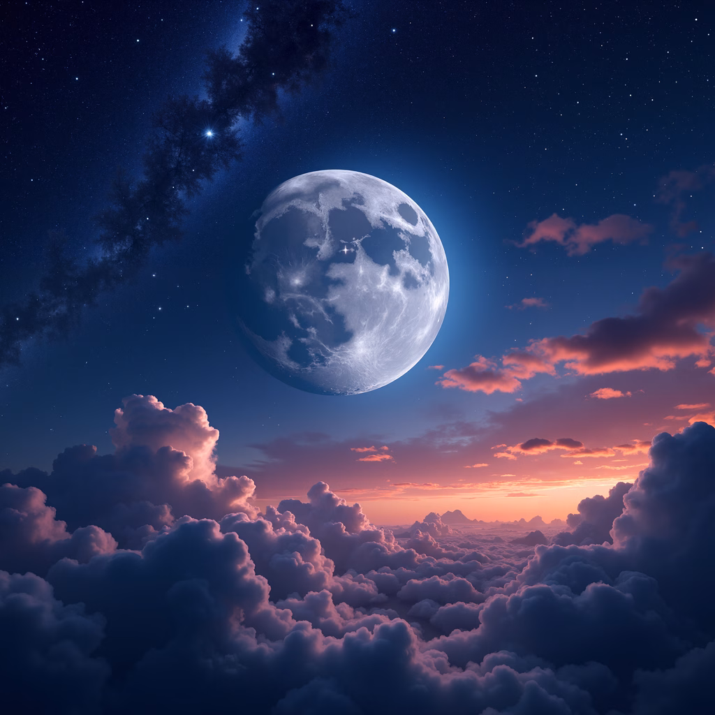 A tranquil night sky with a full moon and colorful clouds.