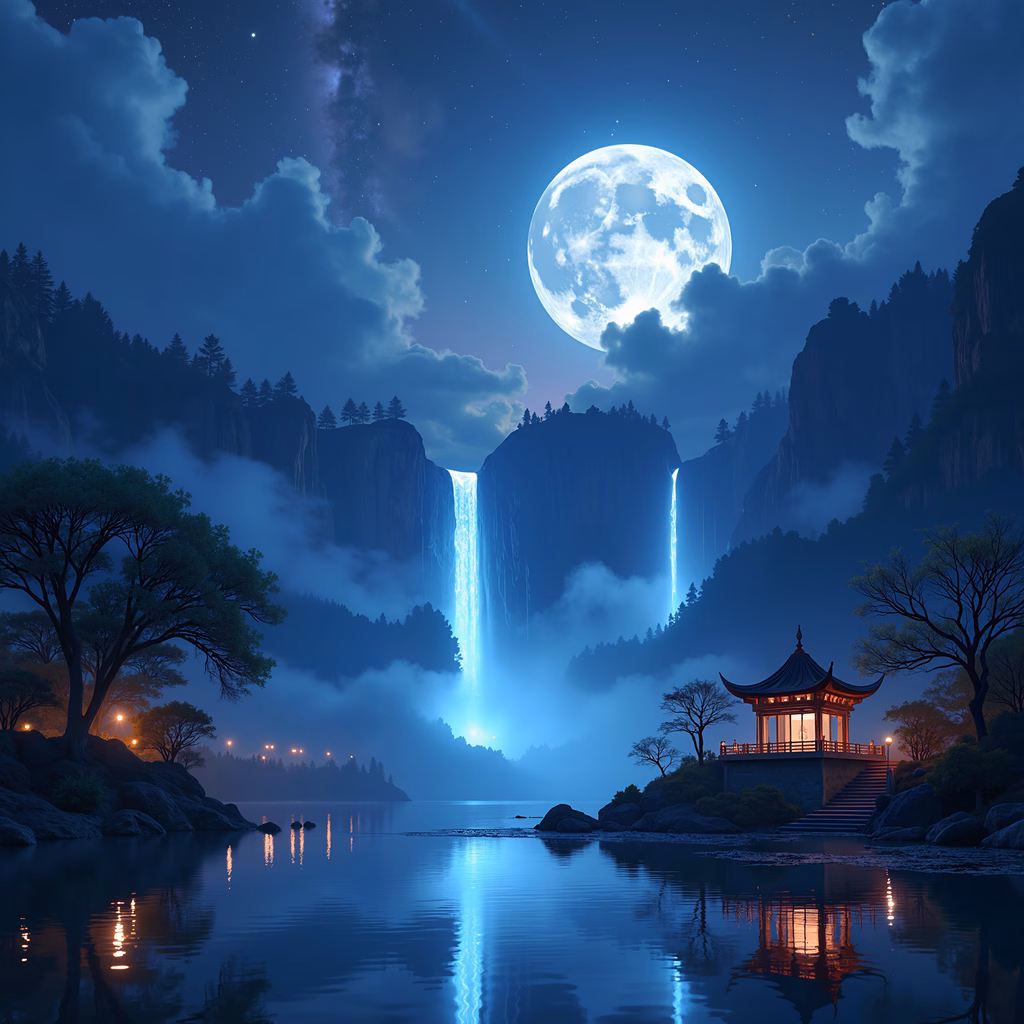 A mesmerizing night scene with two waterfalls and a glowing pagoda under a full moon.