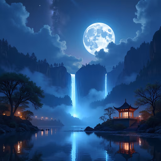 Moonlit Waterfall Illustration