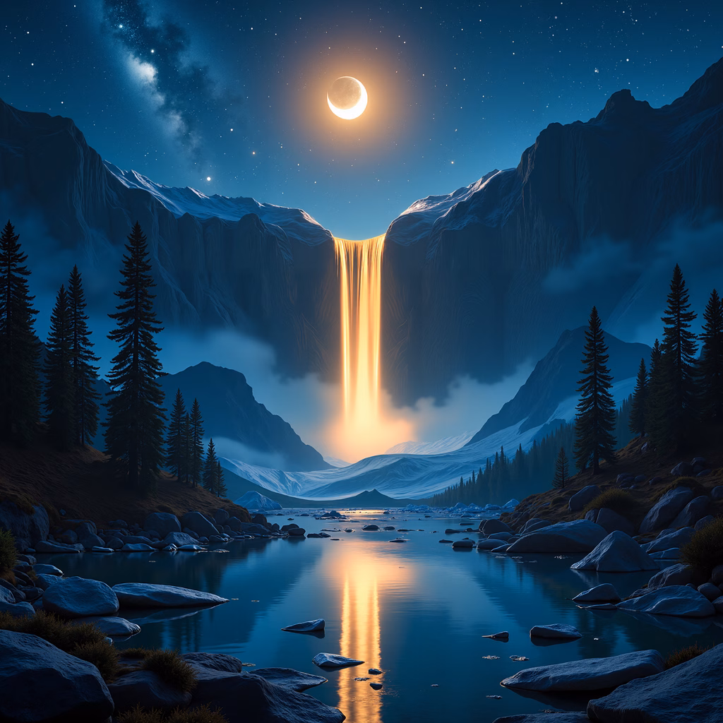 A moonlit waterfall illuminates a serene night landscape with mountains and a calm lake.