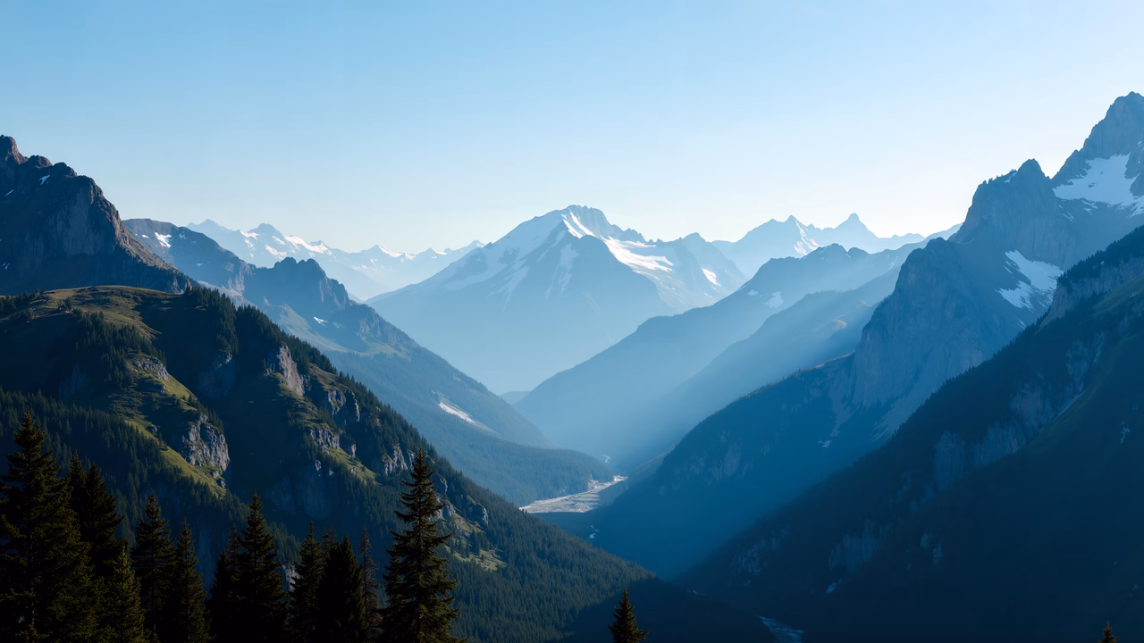 Epic mountain landscape with lush greenery and dramatic sunlight.