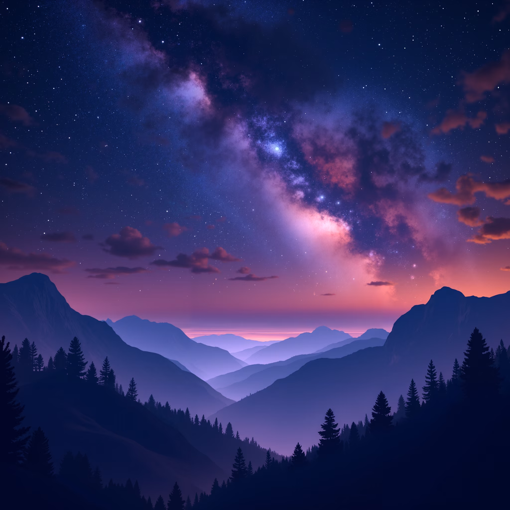 A mesmerizing night sky over a mountainous landscape, blending celestial hues with earthy tones.